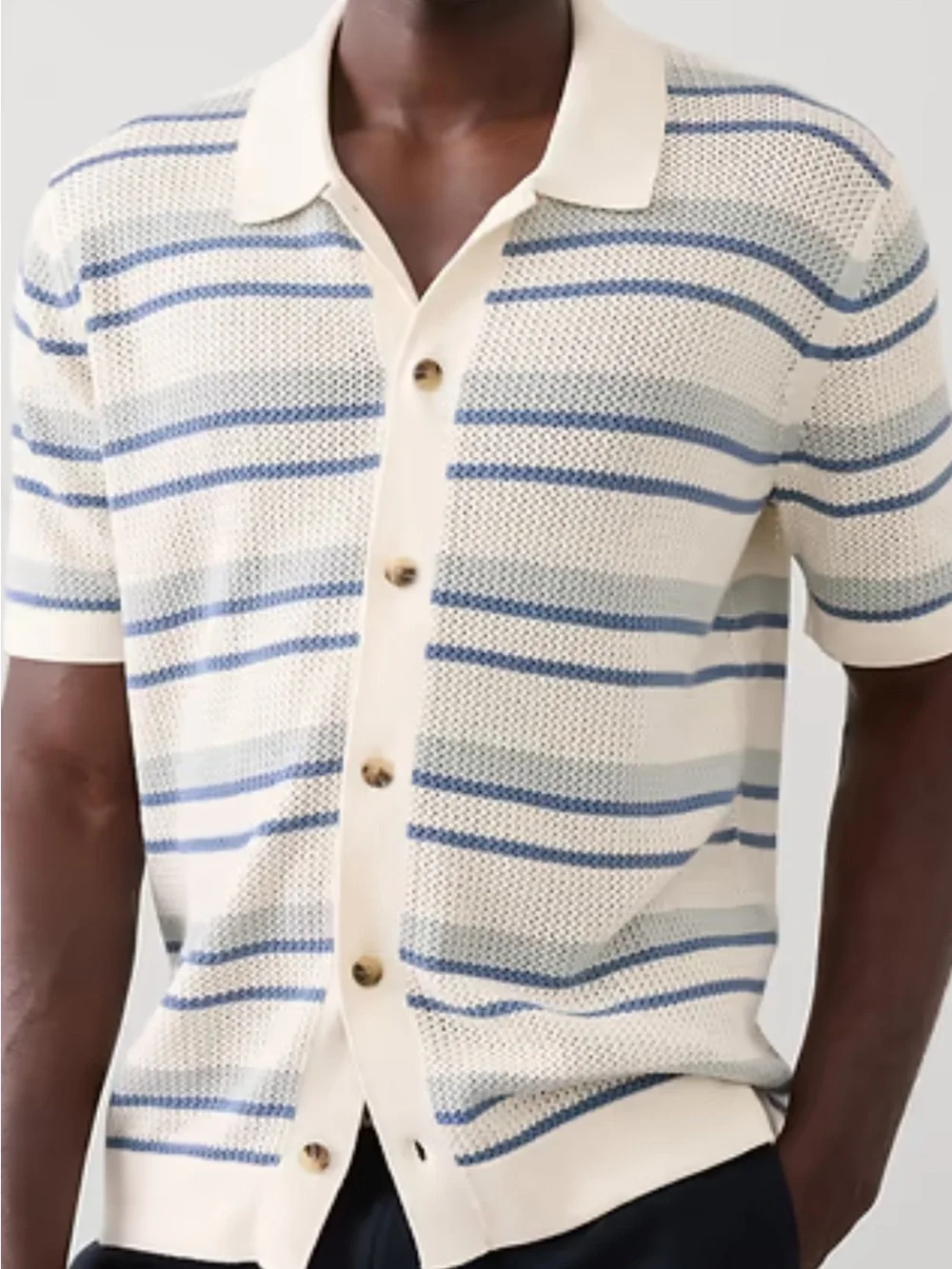 Banana Republic Cream and Light Blue Striped Knit Polo Sweater